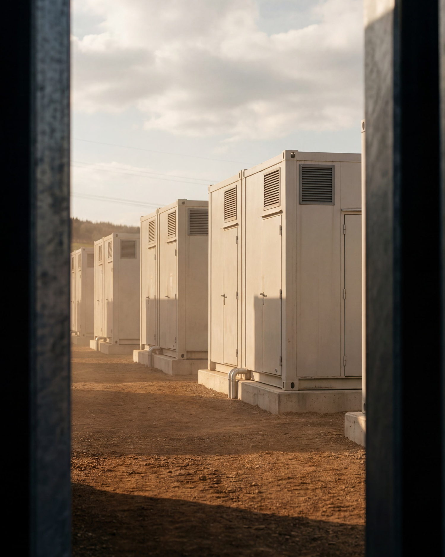 A row of battery storage enclosures on a prepared site pad