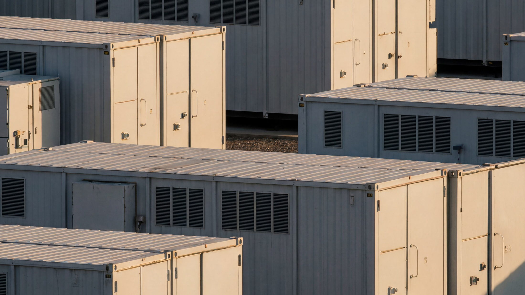 Utility-scale battery storage enclosures arranged across a development site