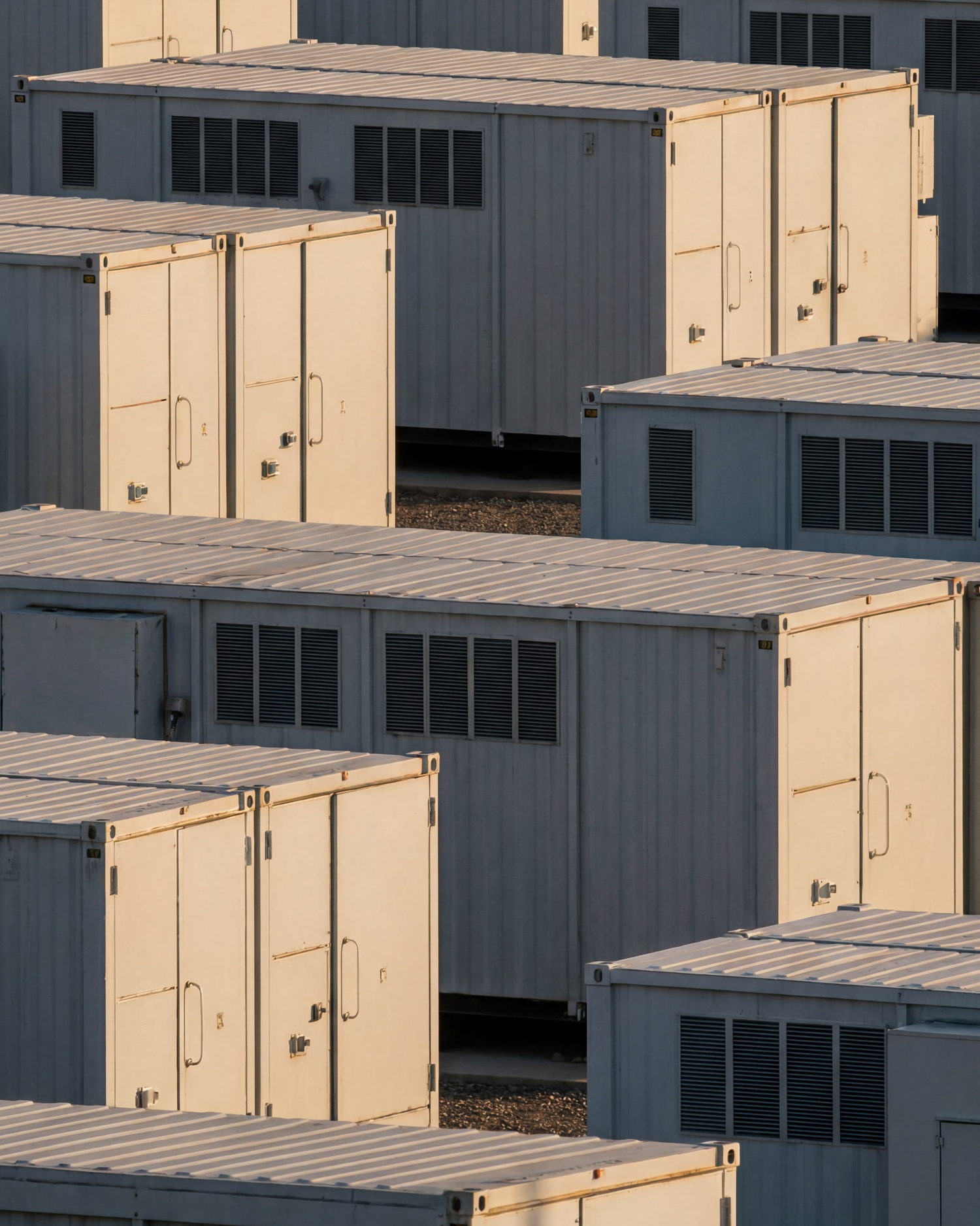 Utility-scale battery storage enclosures in a development yard